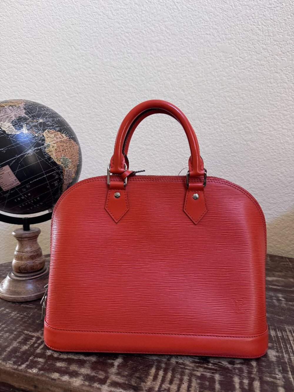 Louis Vuitton Red Epi Alma PM Handbag Lock Key Authentic + COA